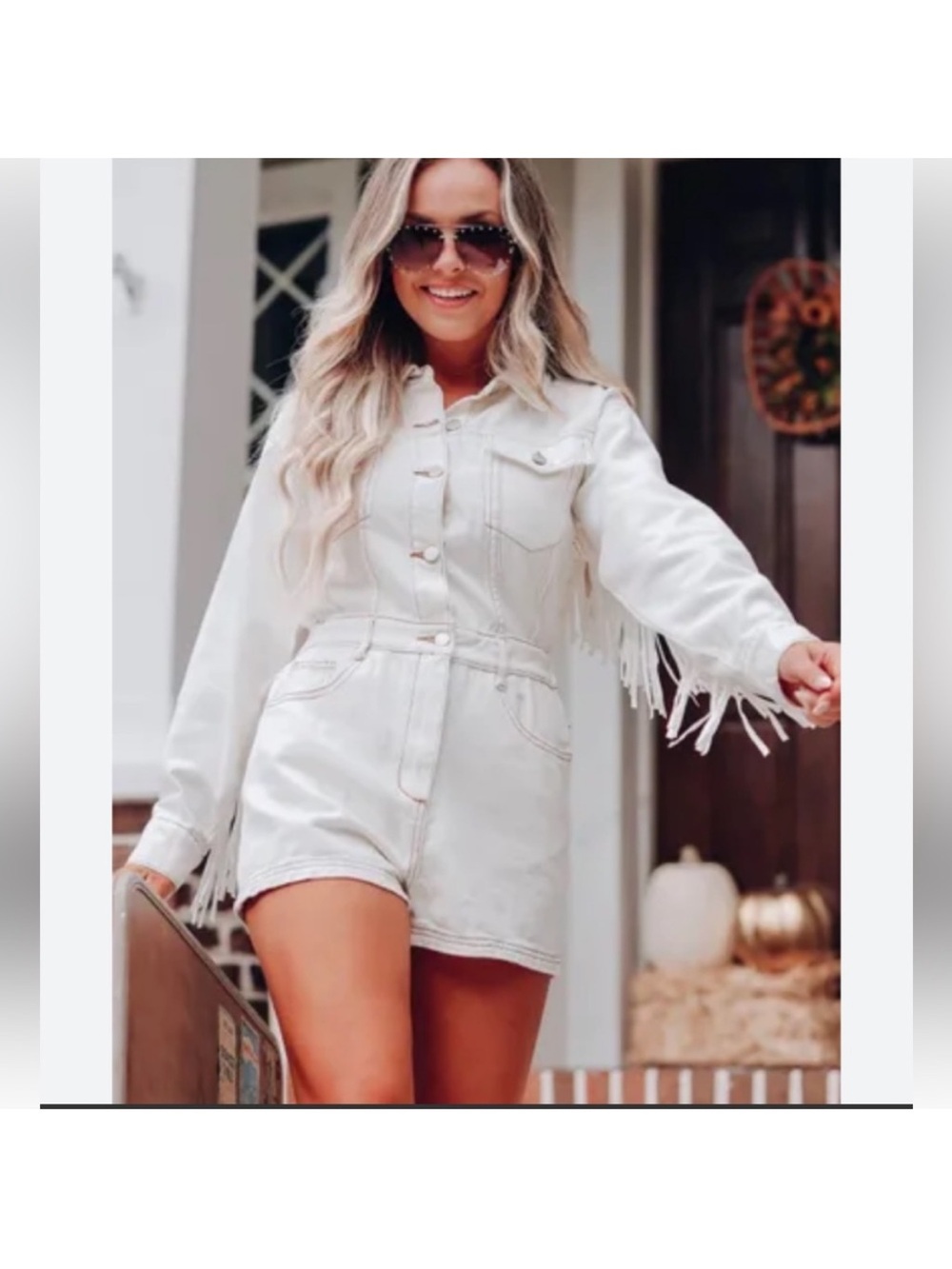 Le Lis White Fringe Long-Sleeve Denim Romper